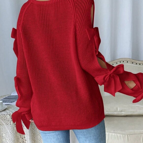 Red Casual Women's Hollow-Out Bow Decor Long Sleeve Sweater - Picture 2 of 5